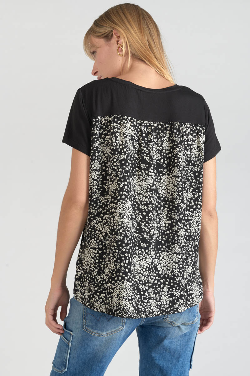 T-Shirt aus zwei Materialien Domi schwarz bedruckt