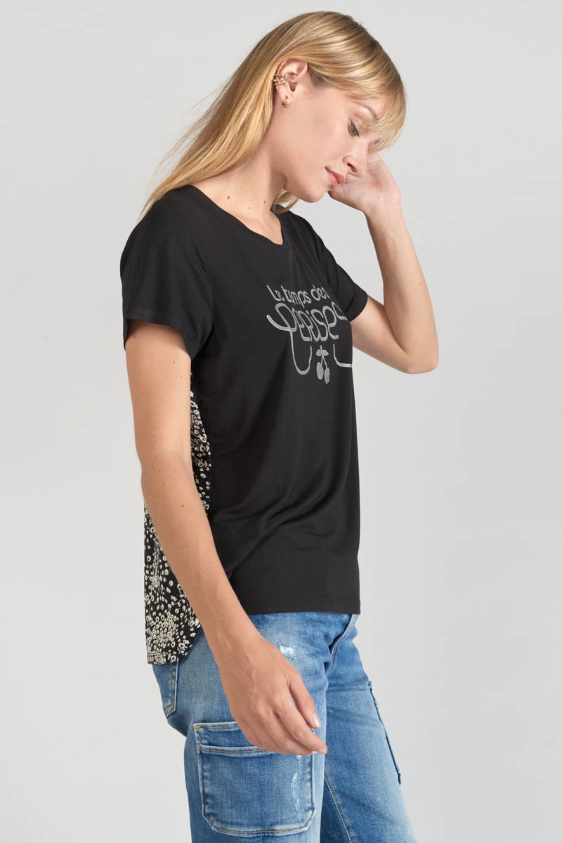 T-Shirt aus zwei Materialien Domi schwarz bedruckt