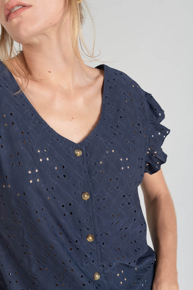 Top Pedrina mit Ajourmuster in Marineblau