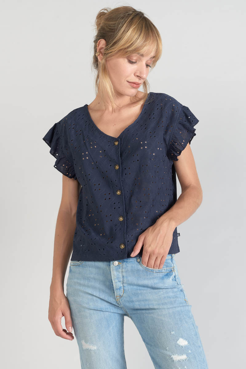 Top Pedrina mit Ajourmuster in Marineblau
