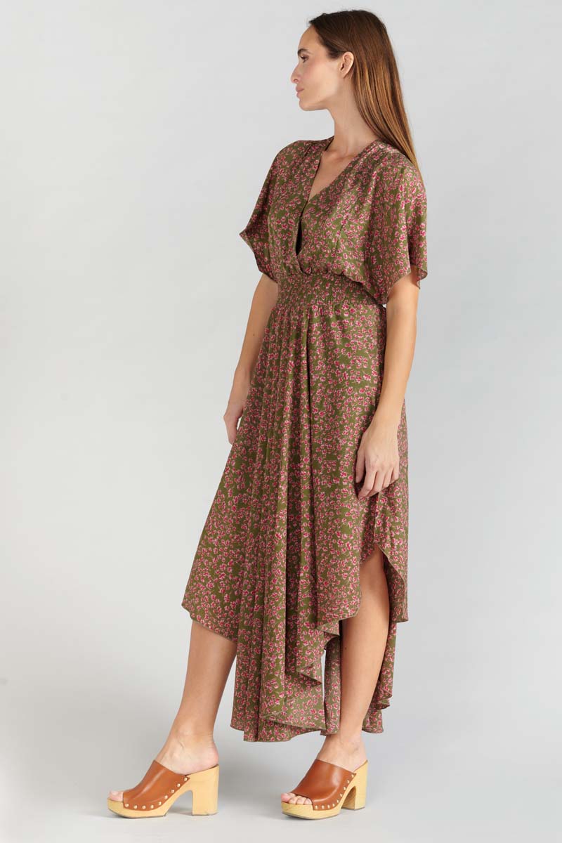 Langes Kleid Yaka khaki mit Blumenmuster
