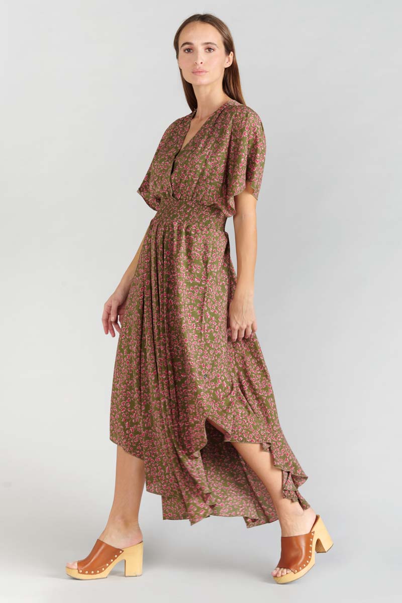 Langes Kleid Yaka khaki mit Blumenmuster