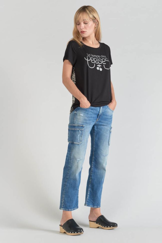 T-Shirt aus zwei Materialien Domi schwarz bedruckt