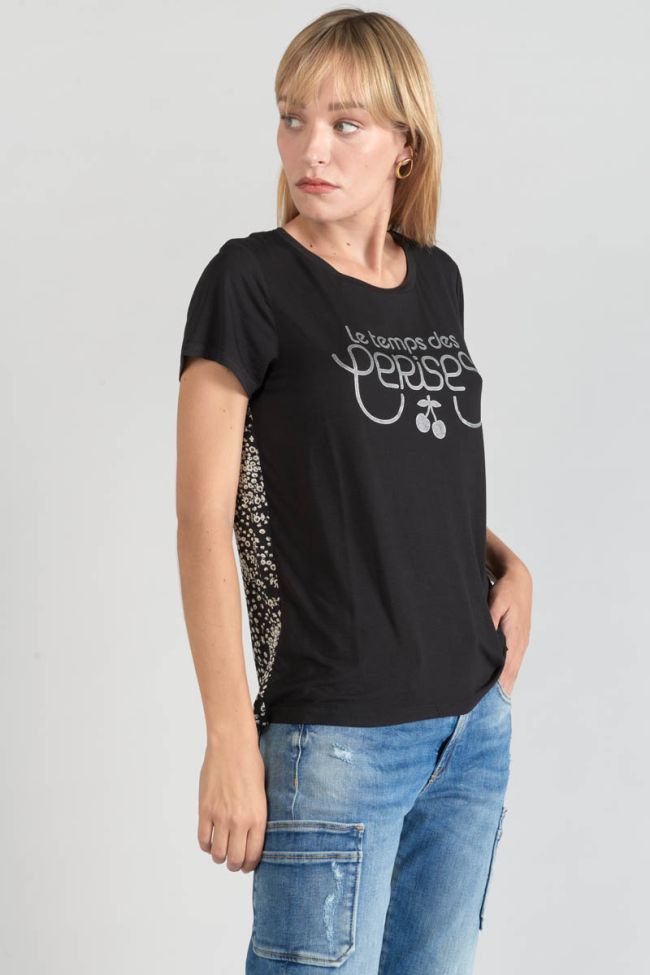 T-Shirt aus zwei Materialien Domi schwarz bedruckt