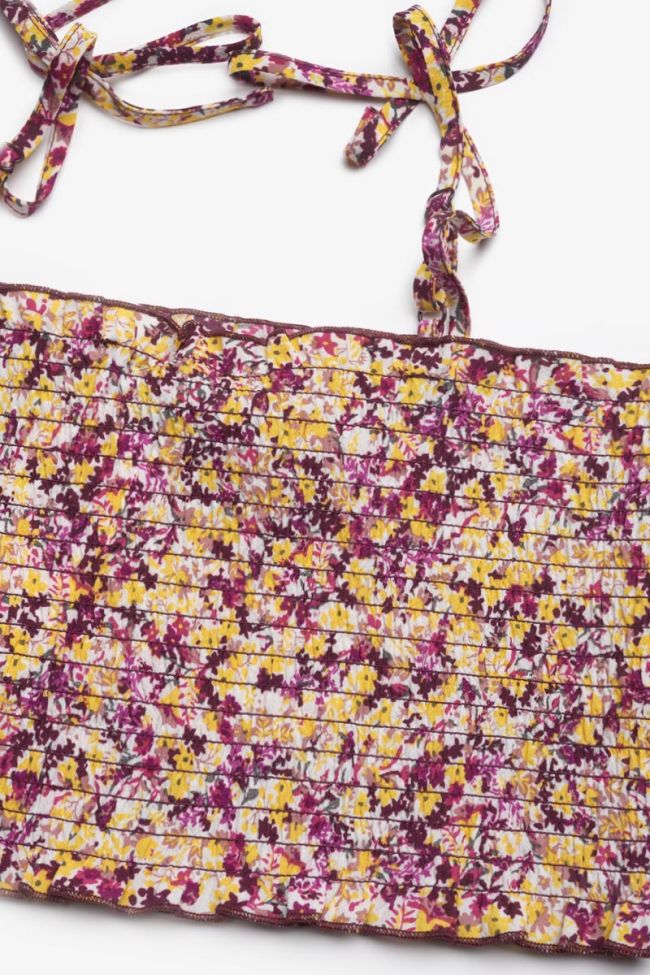 Kurzes Top Janisgi mit rosa und gelbem Blumenmuster.