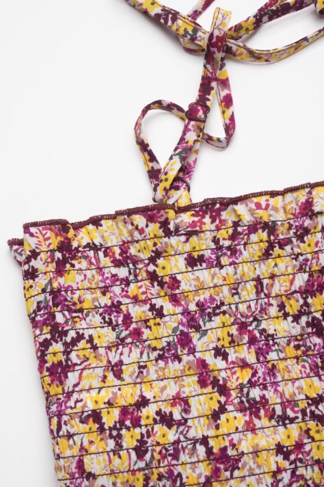 Kurzes Top Janisgi mit rosa und gelbem Blumenmuster.