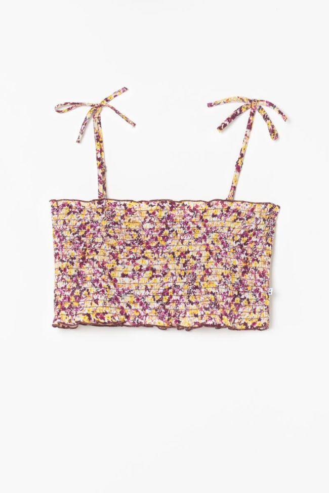 Kurzes Top Janisgi mit rosa und gelbem Blumenmuster.