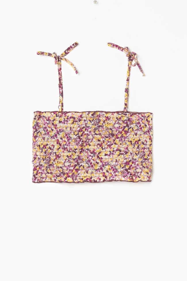 Kurzes Top Janisgi mit rosa und gelbem Blumenmuster.