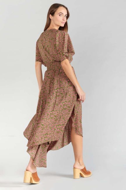 Langes Kleid Yaka khaki mit Blumenmuster