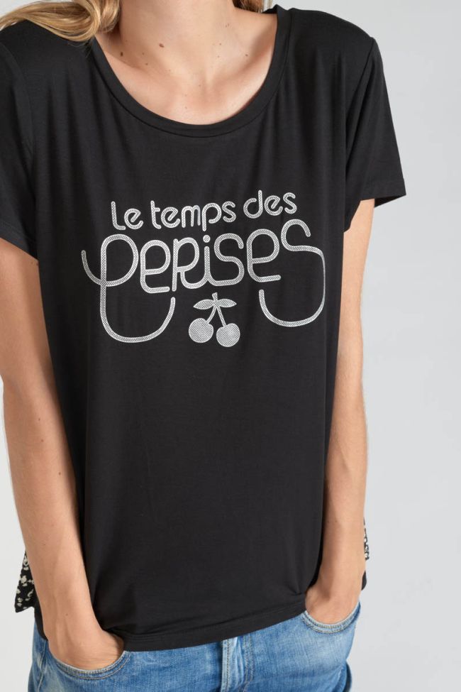 T-Shirt aus zwei Materialien Domi schwarz bedruckt