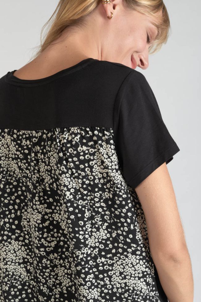 T-Shirt aus zwei Materialien Domi schwarz bedruckt