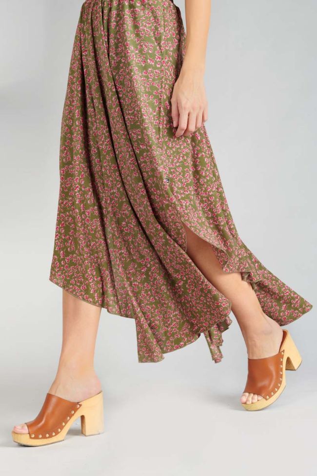 Langes Kleid Yaka khaki mit Blumenmuster